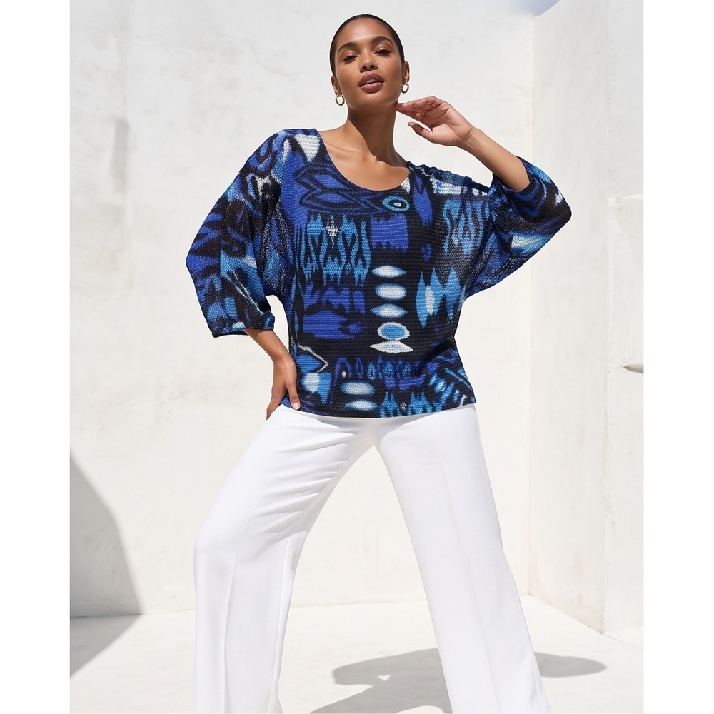 Multiples Womens Plus 3XL Geometric Pullover 3/4 Sleeve Blue‎ Black Top